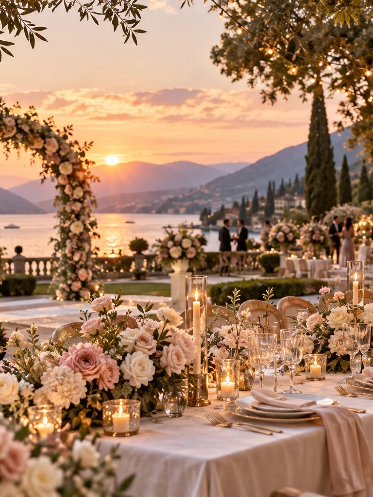 Festtafel am See bei Sonnenuntergang